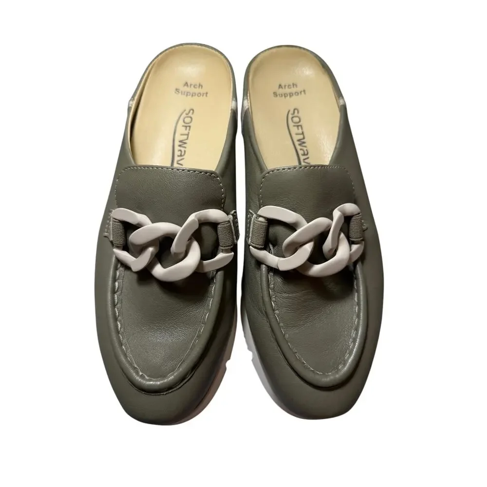 Softwaves Carlisa Olive Green Leather Chain Mule Loafers Sz 38 Arch Support
